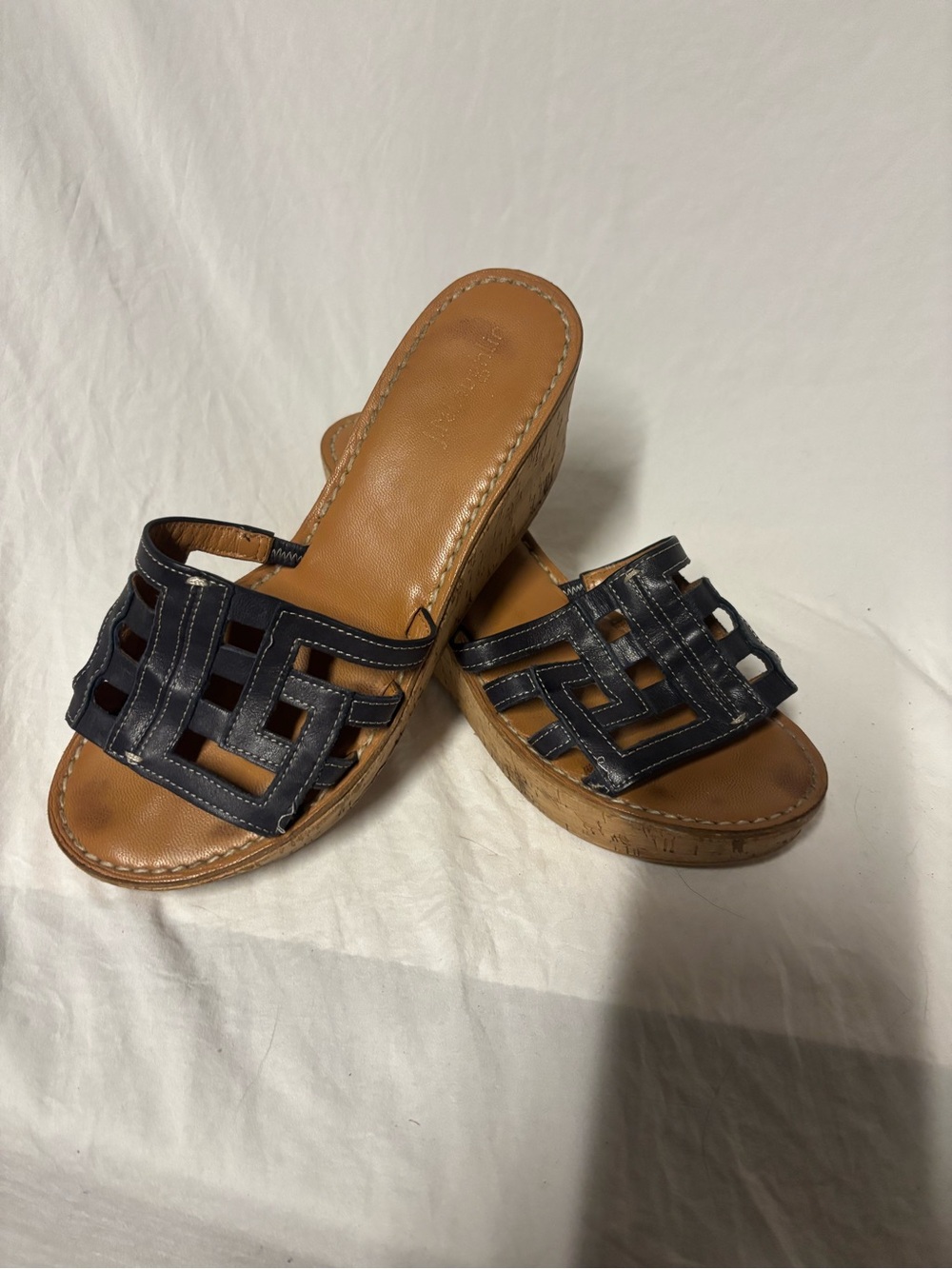J McLaughlin Woven Leather Wedge Slide Sandals - Navy/Tan